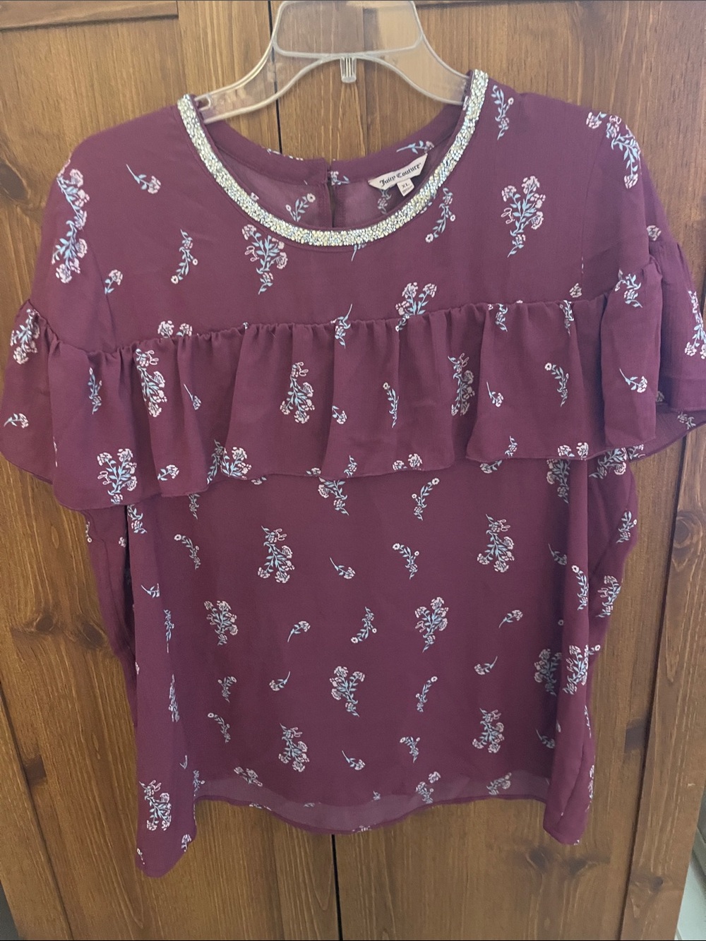 Juicy Couture Burgundy Floral Ruffle Blouse with Beaded Neckline